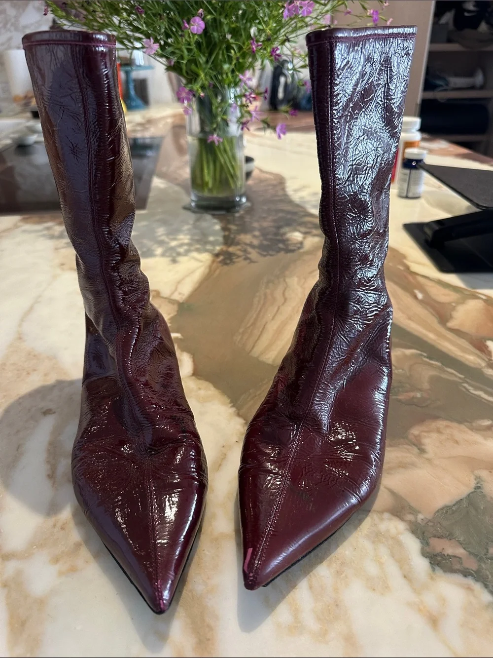 Sigerson Morrison Burgundy Patent Leather Pointed-Toe Mid-Calf Boots
